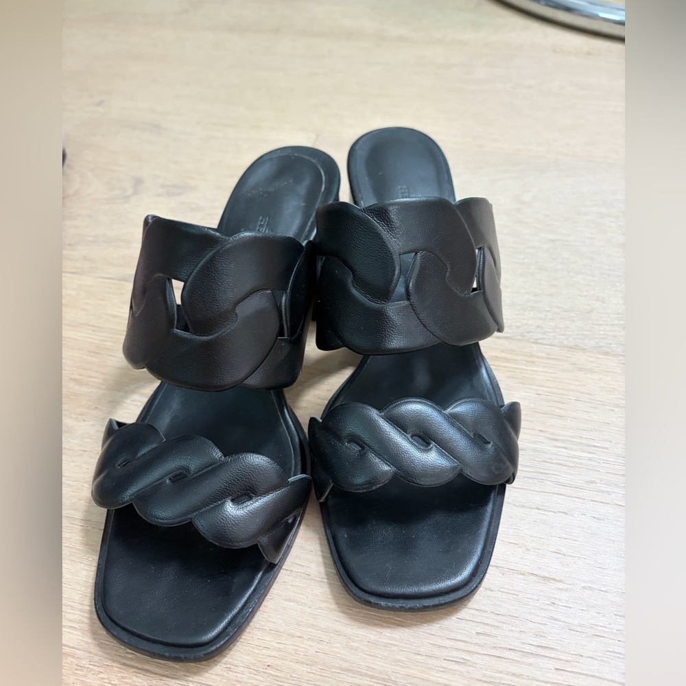 Hermes Black Leather Braided Double-Band Slide Sandals